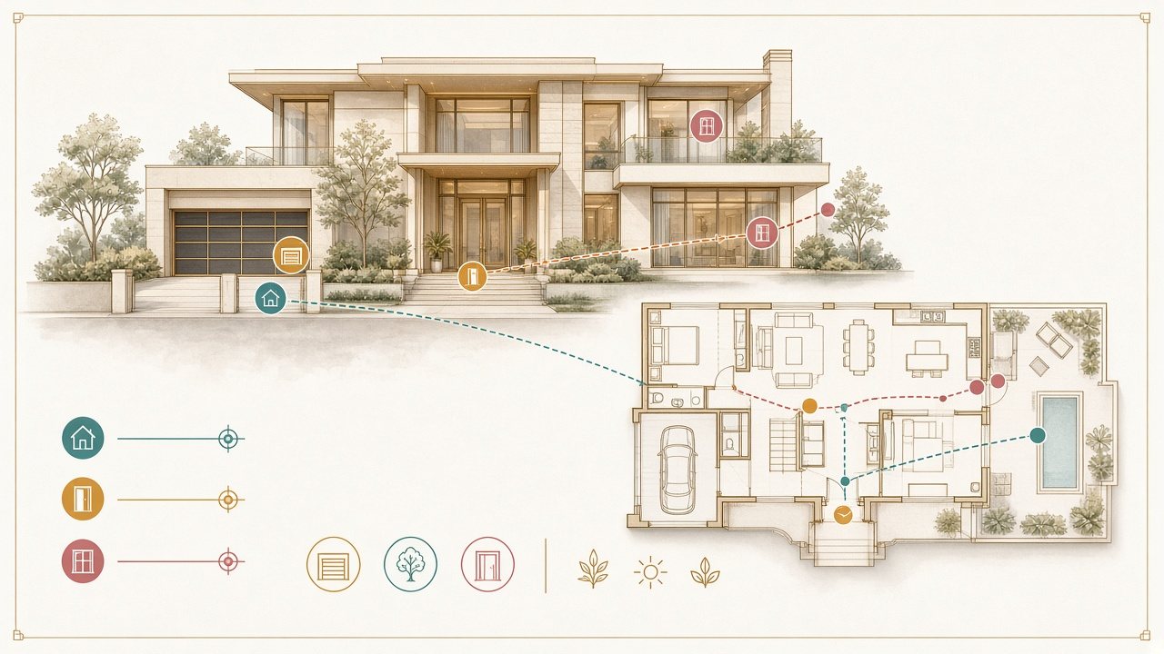 Illustrated map of a home showing the devices, network and rooms a responder would check