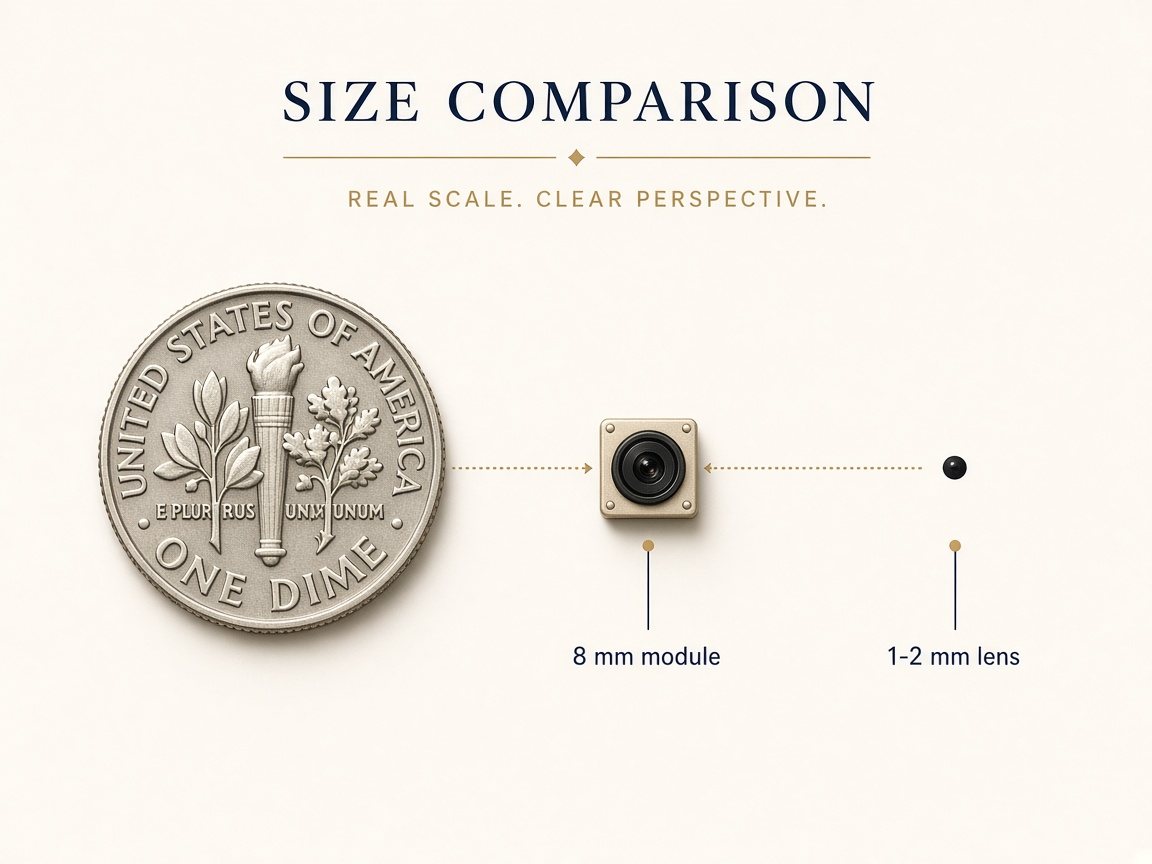 Size comparison of small consumer surveillance devices next to everyday objects
